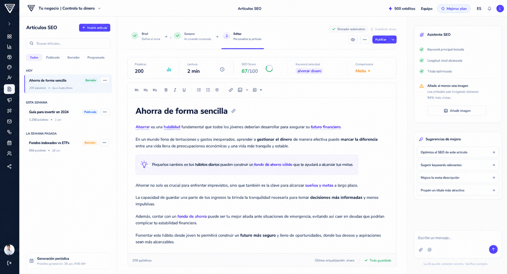 Editor de artículos SEO de Embora con puntuación y asistente de optimización
