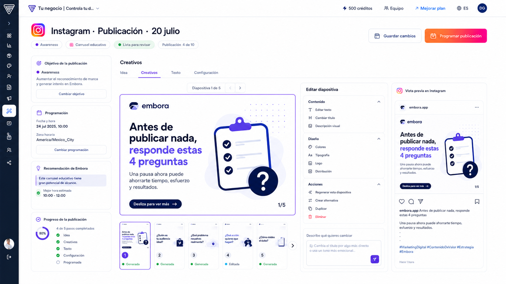 Editor de una publicación de Instagram programada en Embora