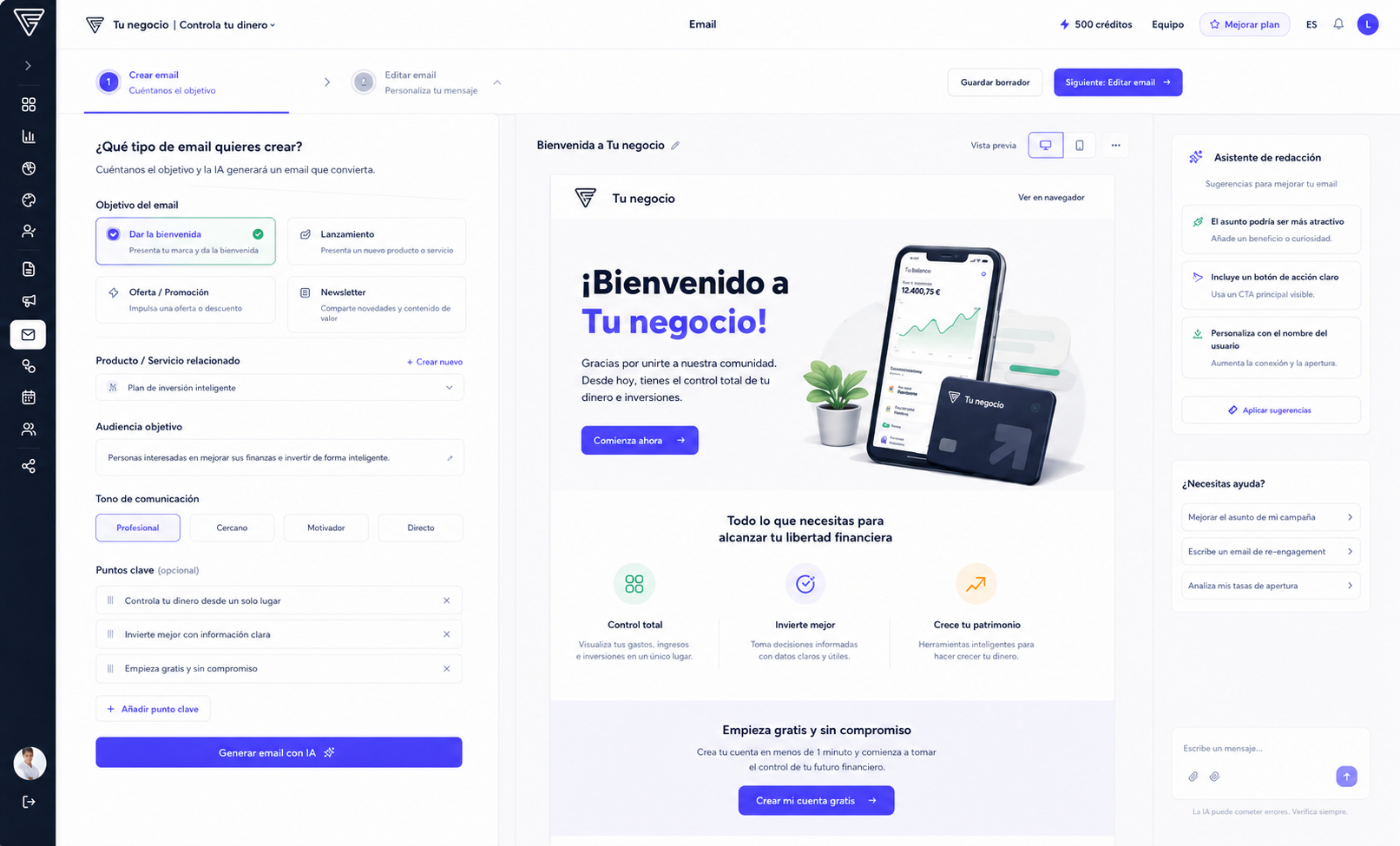 Creador de campañas de email marketing con IA en Embora