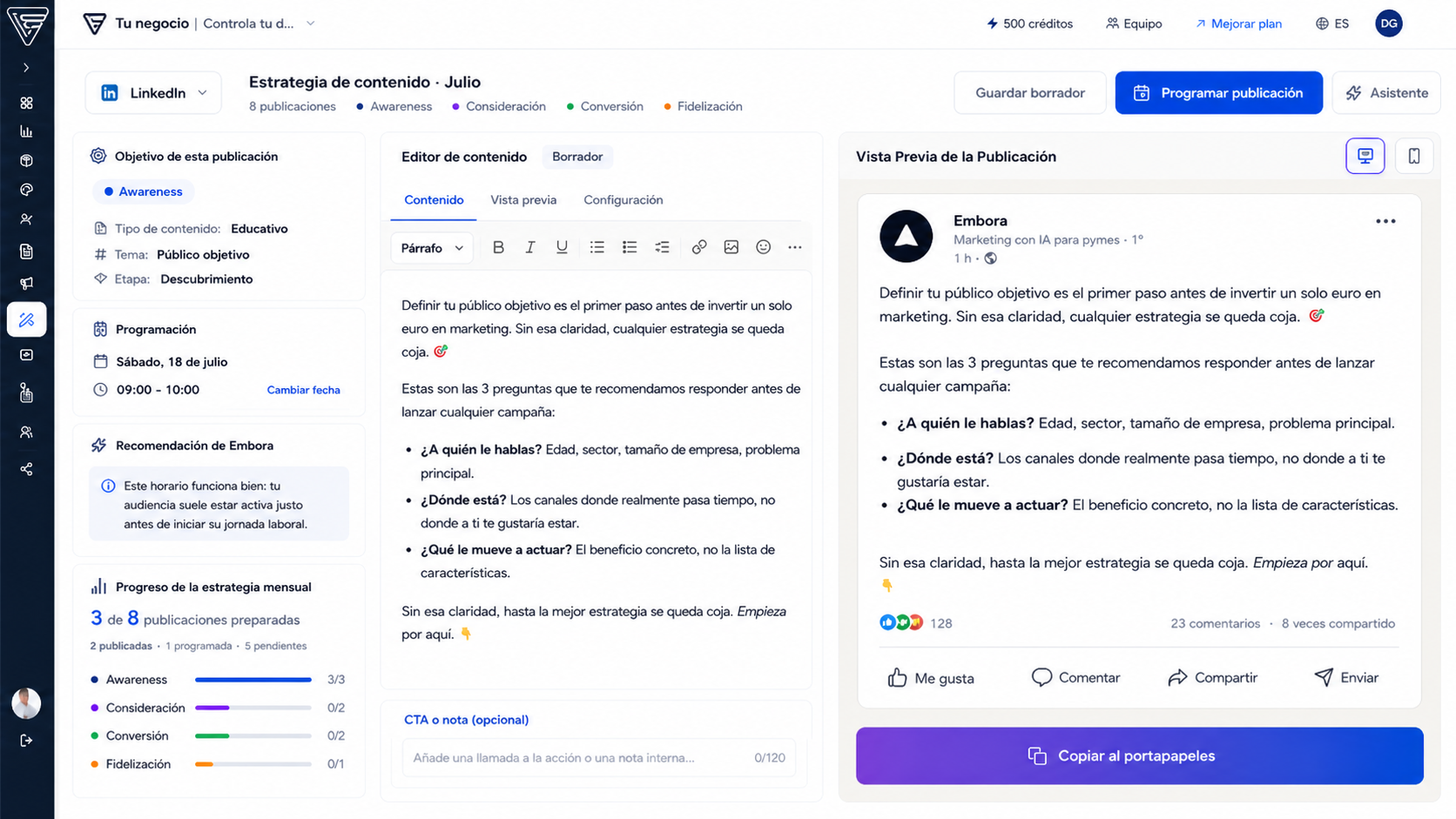 Panel de Embora para planificar y editar una estrategia de contenido en LinkedIn